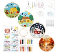 X-BLTU 4 Pcs Season Embroidery Kits for Adults, Printed Cross Stitch Kits | Pre-Printed Fabrics, Instructions, Hoop, Threads, Needles, Scissors and Thread Remover, for Beginners Embroidery Enthusiasts