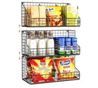 X-cosrack 3 Tier Large Stackable Snack Organizer - Versatile Wall Mounted Wire Storage Basket with Divider for Candy Chip Cans Bars - Ideal for Pantry Office Home