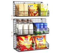 X-cosrack 3 Tier Large Stackable Snack Organizer - Versatile Wall Mounted Wire Storage Basket with Divider for Candy Chip Cans Bars - Ideal for Pantry Office Home