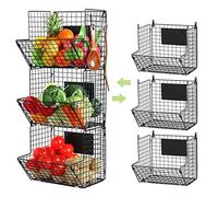 X-cosrack Metal Wire Basket Wall Mount, 3 Tier Wall Storage Basket Organizer with Chalkboards Hooks, Kitchen Fruits and Vegetables Produce Bin Rack Toys Organizer Bathroom Tower Hanging Basket (Black)
