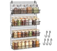 X-cosrack Spice Rack Organizer Wall Mounted 4-Tier Stackable Black Iron Wire Hanging Spice Shelf Storage Racks,Bathroom and More,Large with 5 Hooks(Patent No.:D909138S)
