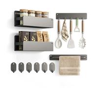 X-EcoLive Magnetic Spice Rack for Refrigerator, 4 Pack Magnetic Shelfs, Magnetic Spice Rack for Fridge with 6 Magnetic Hooks, Magnet Fridge Shelf for Kitchen Organization and Storage, Metal&Grey