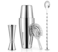 X Home Cocktail Shaker Set, Professional 4-Piece Bartender Kit with Boston Shaker, Hawthorne Strainer, Double Measuring Cocktail Jigger, and 10-inch Mixing Spoon, Bartender's Choice