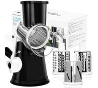 X Home Rotary Cheese Grater for Kitchen, Shredder with 3 Interchangeable Blades, Rotary Grater with Handle and Strong Suction Base, for Vegetables, Fruit, Nuts, Easy to Use and Clean, Black