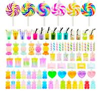 X Hot Popcorn 100PCS Colorful Candy Pendant Charms Candy Lollipop Bear Heart Charms Cute Milk Tea Ice Cream Pendant Ornaments for Diy Necklace Bracelet Earring Keychain Jewelry Making Decor