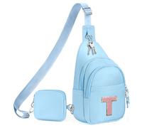 X-KIDS Initial Fanny Pack for Teen Girls Cute Crossbody Bag Sling Purse Personalized Gift for Tween Girl Kids 6-14 Years Old, Blue, T