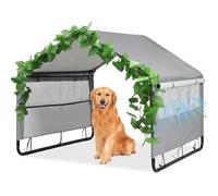 X-large Dog Shade Shelter with Ventilation Outdoor Dog House for Large Medium Dogs, Outside Sun Rain Canopy Pet House for Cats Pigs Livestock with Rainproof Cover with Artificial Grapevine Leaves