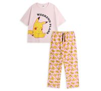 Pokémon Pikachu Women's Pink Short Sleeve Long Leg Pyjama Set | Weekend Plans Graphic Loungewear | Cartoon PJs with Drawstring Bottoms | Casual Sleepwear for Ladies