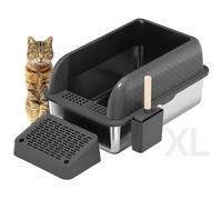 X Large Stainless Steel Cat Litter Box High Sided Covered Lid Enclosure Includes Litter Scoop with Holder Trapping Mat Essential Cat Supplies for Indoor Cats (Diamond Charcoal)