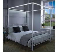 X-Rocker FERN Four Poster Bed with LED Lighting, Double 4ft6 Bedstead, Metal Canopy Bed Frame, Sturdy 4 Poster Bed Frame with Headboard and Dimmable