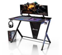 X-Rocker Ocelot 115cm x 73cm, Y-Shaped Gaming Desk - Space-Saving Design, Headphone Hook, Cup Holder, Interchangeable Stickers, Sturdy Metal Frame for Kids & Teens - Blue or Red - Mouse Mat Included