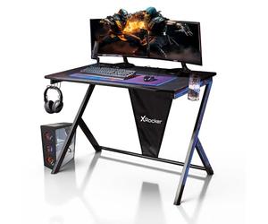X-Rocker Ocelot 115cm x 73cm, Y-Shaped Gaming Desk - Space-Saving Design, Headphone Hook, Cup Holder, Interchangeable Stickers, Sturdy Metal Frame for Kids & Teens - Blue or Red - Mouse Mat Included
