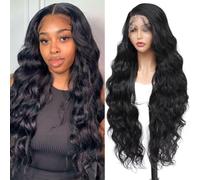 X-Tress 13x6 HD Swiss Lace Front Wig Glueless for Women, 32 Inch Body Wave Human Hair Look Wig Black, Breathable & Easy to Wear Natural Look