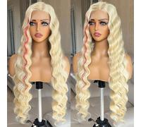X-TRESS 30" Skunk Stripe Blonde Synthetic Lace Front Wig with Red Highlights, 13x4x1 Loose Deep Wave Glueless Pre-Plucked Wig for Black Women