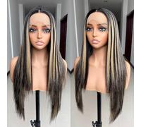 X-Tress Blonde Highlight Straight Lace Front Wig 13x4x1 T Part Lace Synthetic Wig for Women Wear and Go with Baby Hairline Long Middle Part (Blonde Highlight)