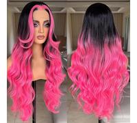 X-TRESS Highlight Ombre Pink Lace Front Wig Pre Plucked Body Wave Glueless 30 Inch Black Root Middle Part Synthetic Wigs with Fluorescent Highlight Pink for Women