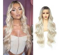 X-TRESS ombre platinum blonde Lace Front Wig for Women Pre-Plucked Premium Japanese Kanekalon Fiber Wavy Long Heat Resistant Synthetic Hair, 130% Density, Glueless, Ombre to Blonde 13 * 4 * 1