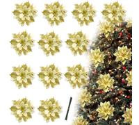 X-YSUNEAS 12 Pcs Christmas Tree Decoration Flowers,Plastic Xmas Flowers Artificial Poinsettia for Christmas Tree Wreaths Decoration(Golden)