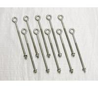 x10 M6 X 300MM Zinc Plated Folded Straining Eyebolts Nut & Washer - Wire Support Fencing Straining