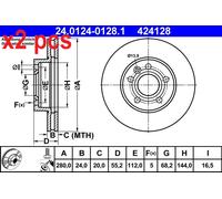 X2 PCS FRONT AXLE 24.0124-0128.1 BRAKE DISC ATE