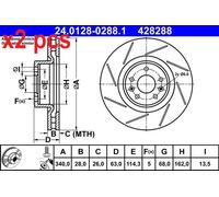 2x Brake disc slotted/internally vented 24.0128-0288.1 ATE for RENAULT