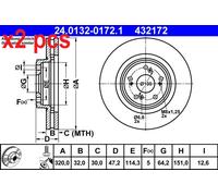 2x Brake disc Vented 24.0132-0172.1 ATE for HONDA ACCORD VIII ACCORD VIII Estate