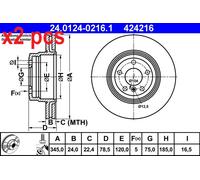 2x Brake disc Vented 24.0124-0216.1 ATE for BMW X6 X5