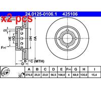2x Brake disc Vented 24.0125-0106.1 ATE for AUDI COUPE B3 80 B4 Saloon
