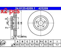 X2 PCS L&R SIDES FITS FORD FOCUS II 2.5 ST BRAKE DISC 24.0125-0209.1 ATE