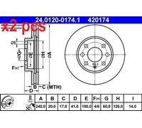 X2 PCS L&R SIDES FITS OPEL CORSA C 1.0 BRAKE DISC 24.0120-0174.1 ATE