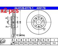 2x Brake disc Vented 24.0126-0176.1 ATE for PEUGEOT RCZ