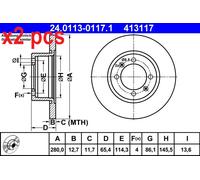 X2 PCS L&R SIDES FITS SAAB 90 2.0 BRAKE DISC 24.0113-0117.1 ATE