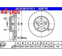 X2 PCS L&R SIDES FITS TOYOTA PRONARD SALOON 3.0 BRAKE DISC 24.0128-0115.1 ATE