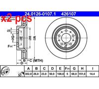 2x Brake disc Vented 24.0126-0107.1 ATE for VOLVO S70 V70 C70 I Coupe