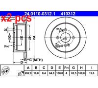 X2 PCS REAR AXLE 24.0110-0312.1 BRAKE DISC ATE