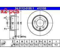 X2 PCS REAR AXLE 24.0112-0155.1 BRAKE DISC ATE