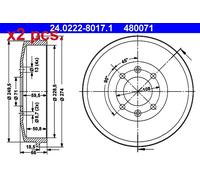 X2 PCS REAR BRAKING DRUM BRAKE DRUM X2 PCS SET 24.0222-8017.1 ATE I