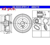 X2 PCS REAR BRAKING DRUM BRAKE DRUM X2 PCS SET 24.0222-9701.2 ATE I