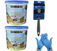X2 Ronseal One Coat Shed & Fence Protector Warm Stone 5L UV Protection + Free 4" Fence Paint Brush & Nitrile Gloves | Long-Lasting Weatherproof Wood Protection | One Coat Formula for Sheds and Fences