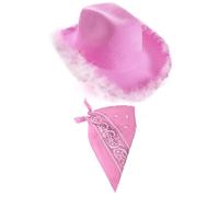 X24 Light Lilac Pink Cowgirl Hat with Marabou Trim and Matching Bandana - Western Fancy Dress Set for Hen Parties, Festivals, Rodeo Outfits, and Costume Accessories