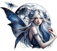 x4 Dark Blue Fairy in Moon with Butterfly Vinyl Stickers Non Transparent Elegant Fairies Art Decals 1@ 20cm for Toilet/Laptop and 3@ 7cm for Phone case, Cups etc Cover Marks (Moon Dblue)