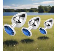 X4a-3-piece Blue Exercise Anil Plug Kit,Jewelry and Crystal Design Watertight Stainless Steel Relax Male Exercise Plug Kit Suitable for Men and Women
