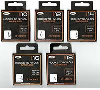 x50 NGT Barbless Hooks to Nylon in Size 10, 12, 14, 16 and 18 TEN Hooks of EACH Size (Fifty Hooks in total)