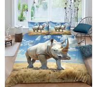 X5K7G9N1 Rhino 3D nature duvet set teen bedroom decor | Double（200x200cm）ultra soft microfiber touch easy zip closure allergy friendly student room wildlife theme gift idea