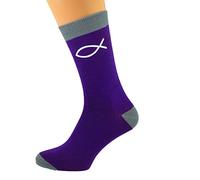 X6N604 Purple & Ash Grey Unisex Socks Religious Icthus Fish Design UK Size 5-12 Vinyl Print