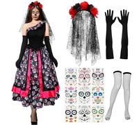 Xaatren 5 Pcs Women's Day of the Dead Costume Halloween Floral Skull Skirt Gloves Stocking Face Tattoos Floral Crown Veil(Large)