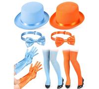 Xaatren 8 Pcs Women Orange and Blue Top Hat Costume Include 2 Pcs 5.12 Inch Tall Hat with 2 Pcs Bow Tie with 2 Pcs Long Glove with 2 Pcs Over the Knee Stockings Halloween Costume Set for Cosplay, Blue