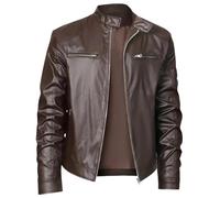 XACCBBA Jackets for Men Uk,Men Faux Leather Pu Motorcycle Bomber Jacket Stand Collar Racer Biker Retro Style Coat with Zipper Pockets Lightweight Spring Summer Windproof Windbreaker Brown Xxs