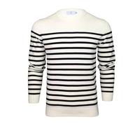 Xact Men’s Breton Stripe 100% Cotton Premium 12-Gauge Knit Crew Neck Jumper - Lightweight Soft Pullover Sweater for Smart Casual (Ecru/Navy) S