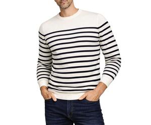 Xact Men’s Breton Stripe 100% Cotton Premium 12-Gauge Knit Crew Neck Jumper - Lightweight Soft Pullover Sweater for Smart Casual (Ecru/Navy) XXL